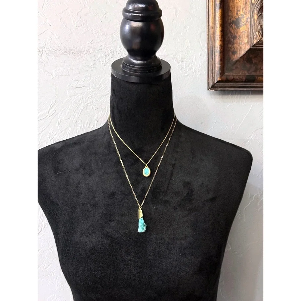 Gold Tone‎ Layered Necklace Faux Turquoise Oval Pendant Teal Tassel Boho Jewelry